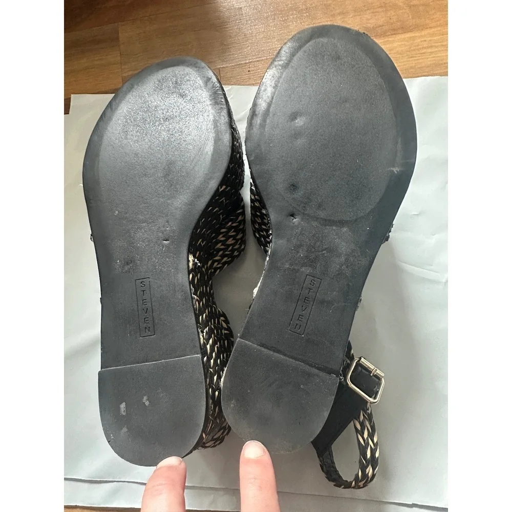 Steven New York Woven Espadrille Wedge Sandals Black Tan Ankle Strap Platform